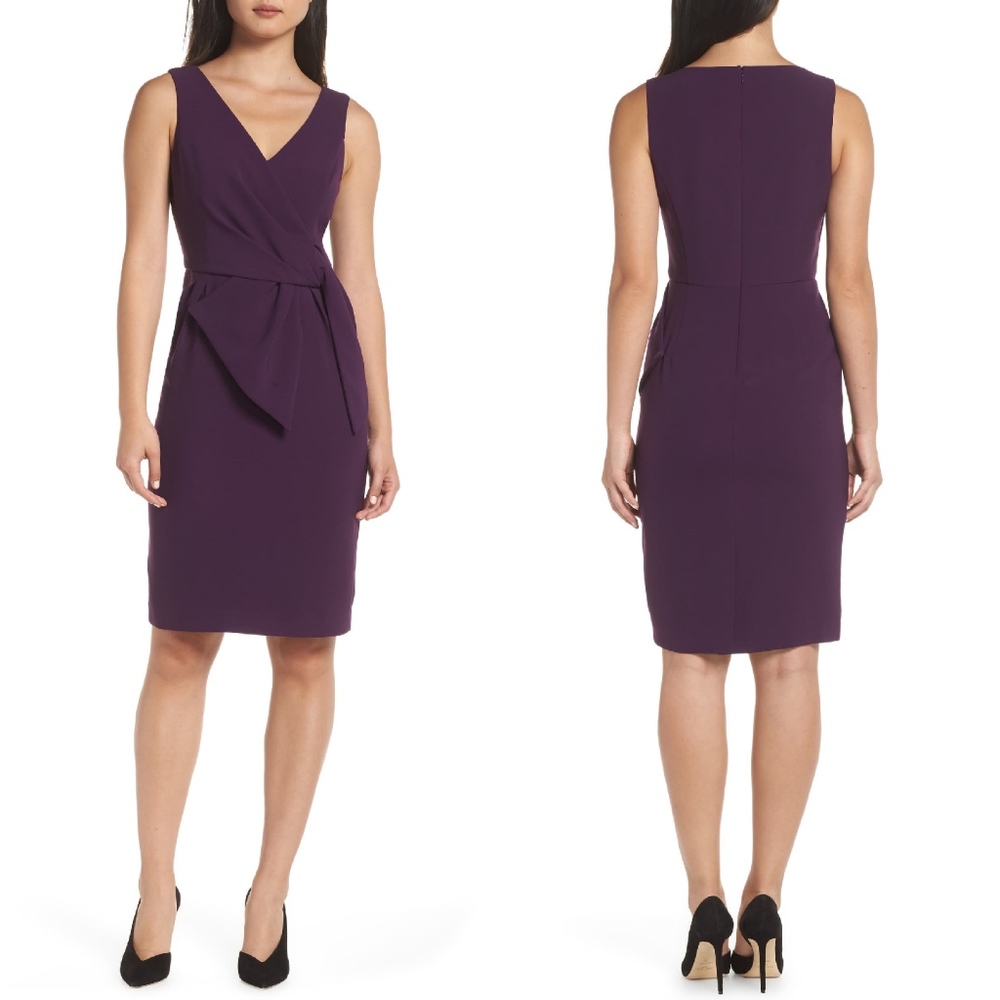 NEW Eliza J PURPLE Surplice Neck PLEATED Bow SHEATH Cocktail DRESS 8